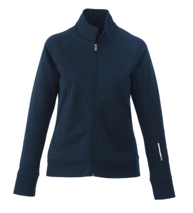 A women's knit jacket in navy blue with a zip front and a logo on the sleeve. Features long sleeves and a stand collar.