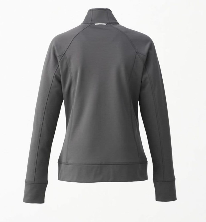 A women's knit jacket in a dark grey colour, featuring a high collar and long sleeves. It has a logo on the back.