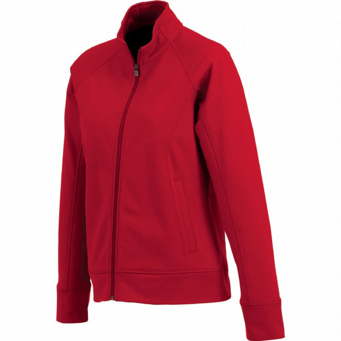 A red women's knit jacket with a zip front and two side pockets, featuring a high collar and long sleeves.