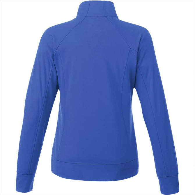 A women's knit jacket in vibrant blue, featuring a high collar and long sleeves, with a logo on the back.