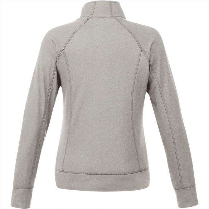A grey women's knit jacket with a high collar and long sleeves, featuring a logo.