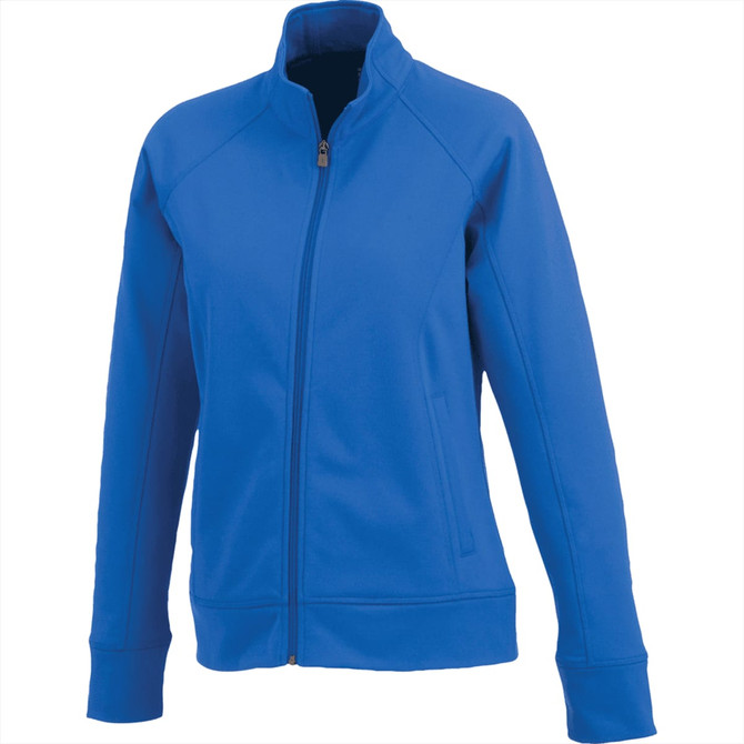 A women's jacket in bright blue, featuring a zip-up front and a collar, with branding on the fabric.