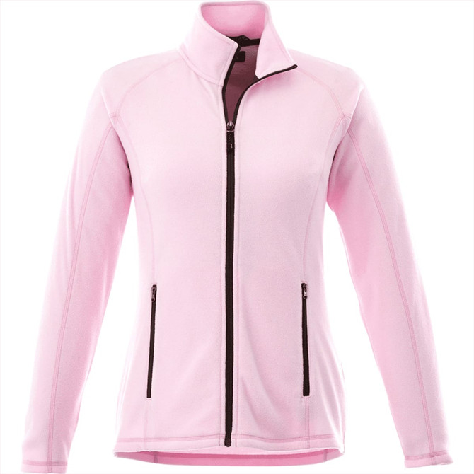 A women's polar fleece jacket in soft pink, featuring a full zip and two front pockets. It has a logo on the chest.