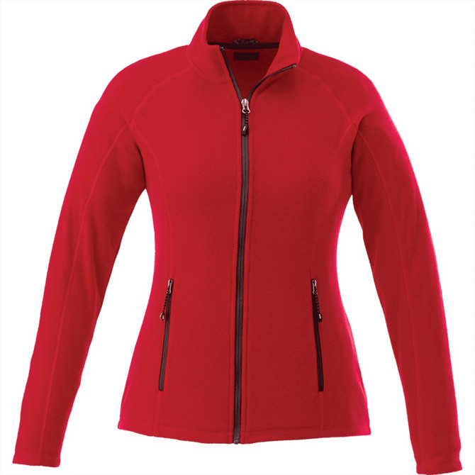 A red women's polyfleece jacket featuring a zip front and two side pockets, with a logo on the chest.
