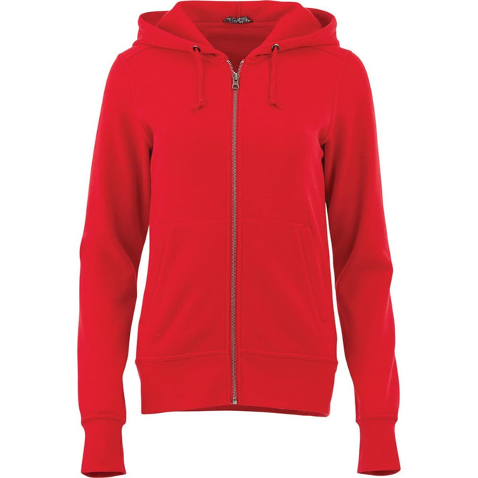 A red fleece zip hoody for women, featuring a front zipper and a hood, with a logo on the garment.