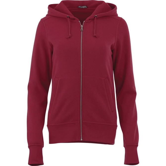 A women's zip-up hoodie in a deep red colour, featuring a hood and pockets, with a branding logo.