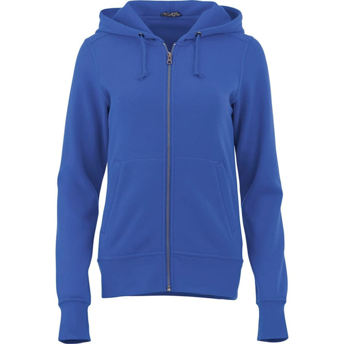 A women's zip-up hoodie in a vibrant blue colour, featuring a hood and front pockets. It has a branding logo.
