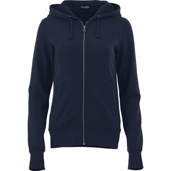 A women's navy fleece zip hoodie featuring a front zip, kangaroo pockets, and a hood. Includes a logo.