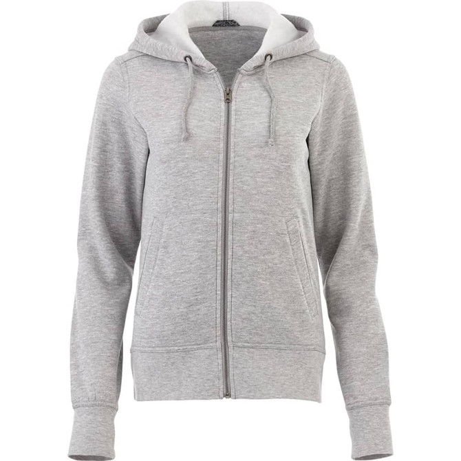A women's grey fleece zip hoodie featuring a hood, front pockets, and a logo.