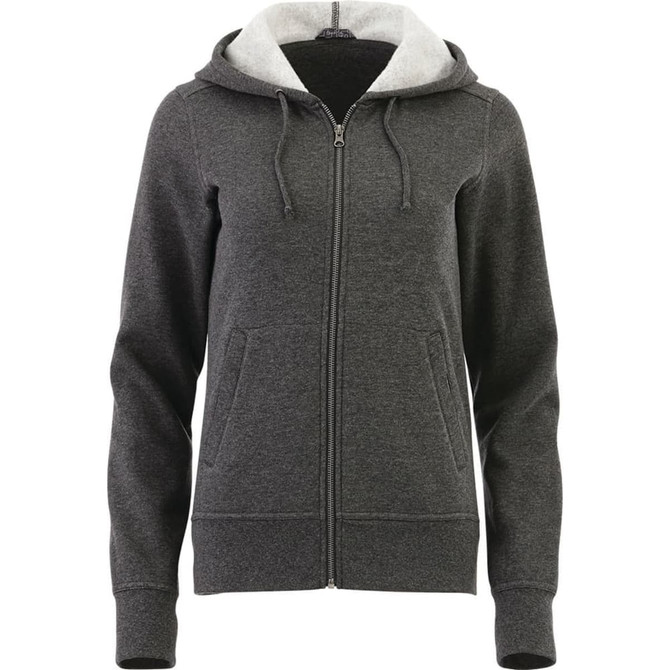 A women's grey fleece zip hoodie with a contrasting light grey hood, featuring a zipper and pockets.