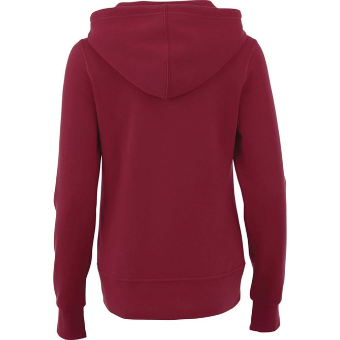 A women's hoodie in a deep red colour, featuring a hood and long sleeves. It has a logo on the back.