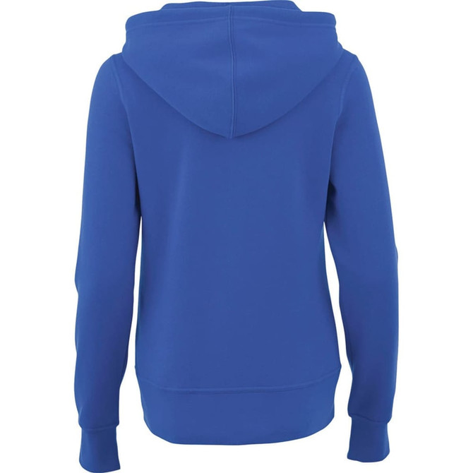 A women's Cypress fleece zip hoodie in blue, featuring a hood and long sleeves. There is a logo on the garment.