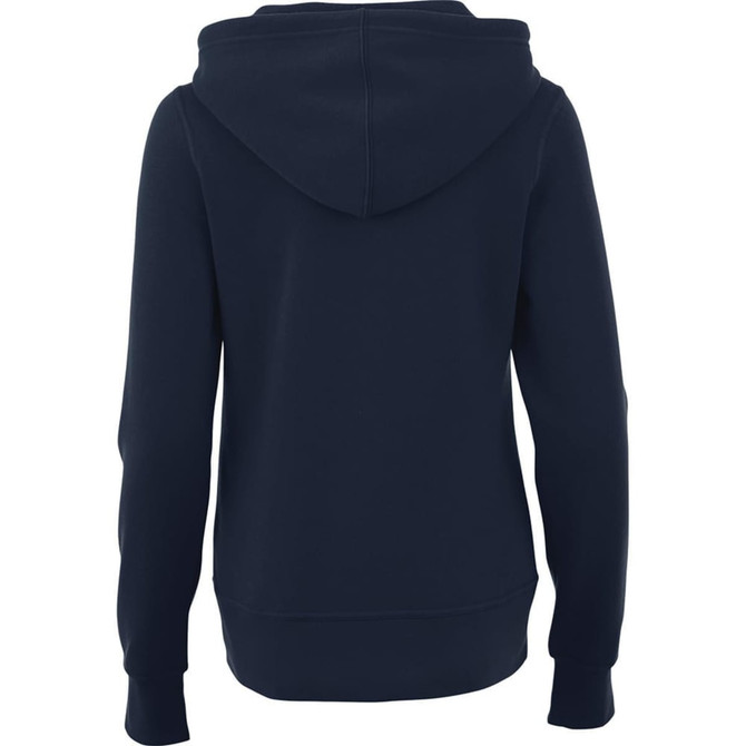 A women's navy fleece zip hoody, featuring a hood and long sleeves, with a simple design and logo.