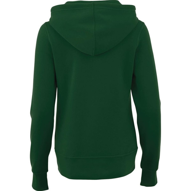 A women's green fleece zip hoodie with a hood and long sleeves, featuring a logo on the back.