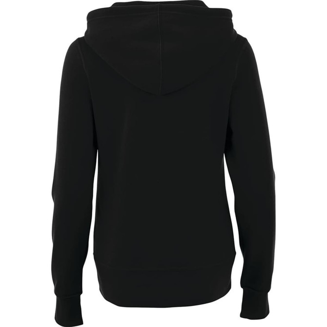 A black women's fleece zip hoodie with a hood and long sleeves, featuring a subtle logo on the back.