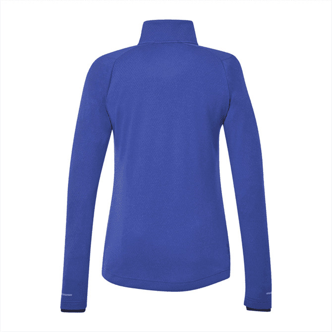 A blue women's jacket featuring a high collar and long sleeves, with a logo on the back.