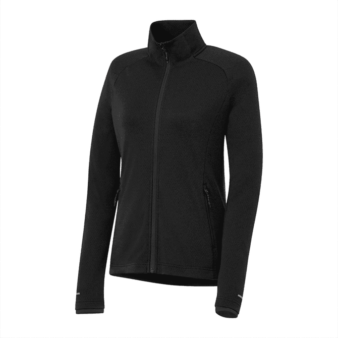 A women's black eco knit jacket featuring a zip front and two side pockets. The jacket has a subtle textured pattern.
