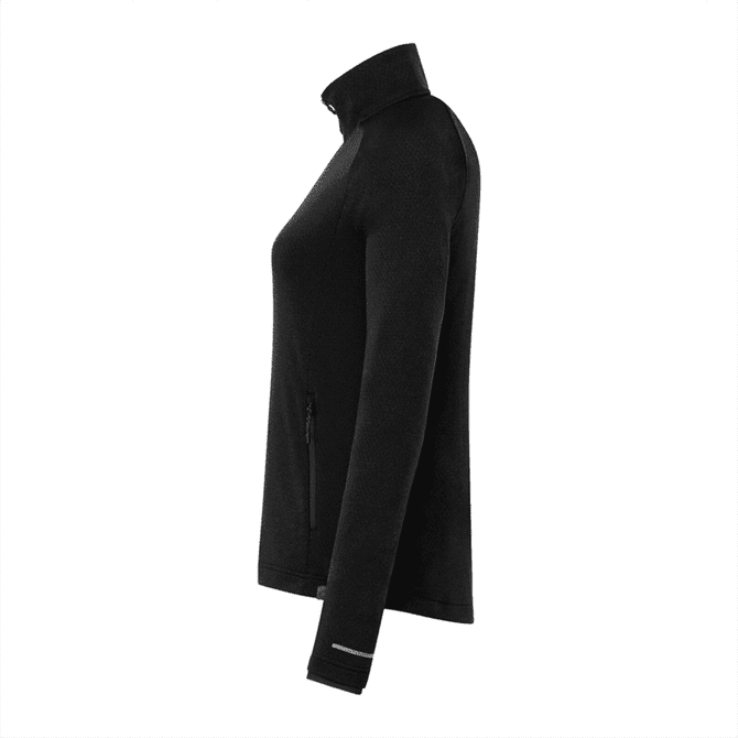 A black women's jacket with a high collar and zippered pocket, featuring a logo on the side.