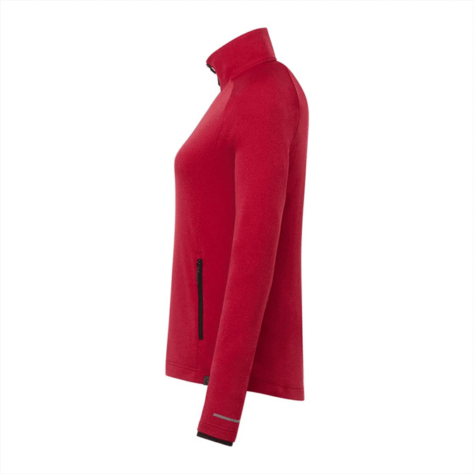 A red women's jacket with a high collar and a zippered pocket, featuring a subtle logo.