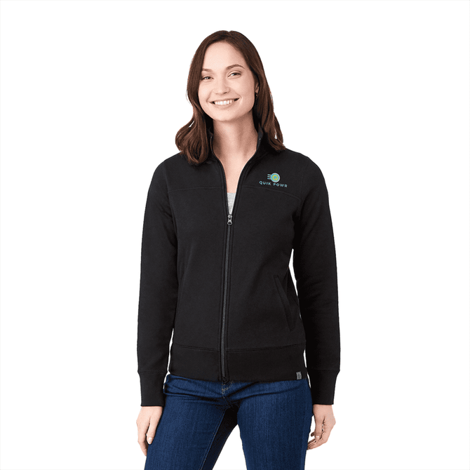 A black women's polar fleece jacket featuring a full zip and a logo on the left chest.