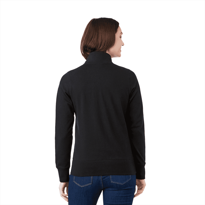 A woman wearing a black polar fleece jacket, viewed from the back, with a fitted design and a high collar.
