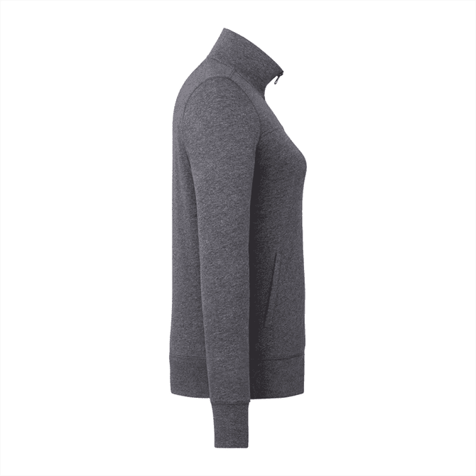A women's polar fleece jacket in grey, featuring a full zip and side pockets, with a logo displayed.