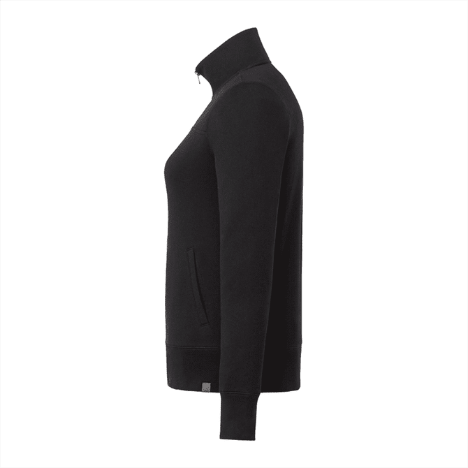A black women's fleece jacket with a full zip and a front pocket, featuring a logo on the side.