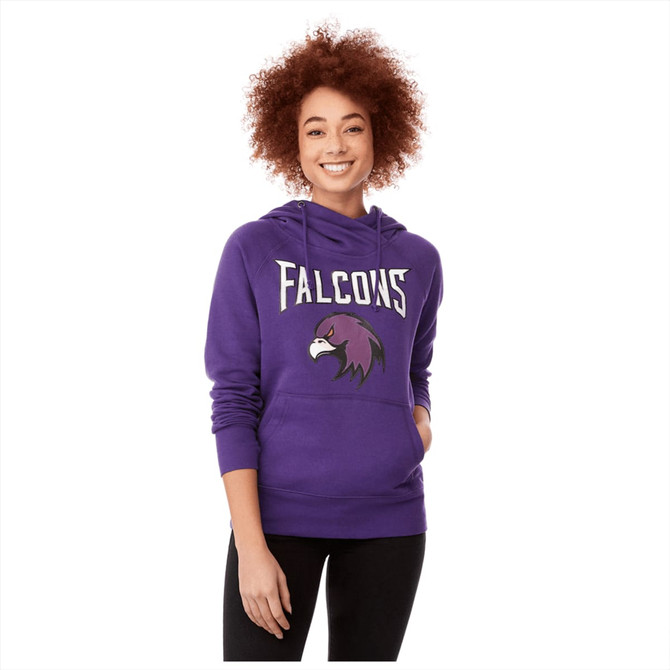 A purple women's fleece hoody featuring a hood and a logo. The model has curly hair and is smiling.
