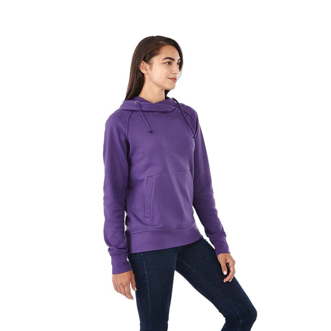 A women's hoodie in a rich purple colour, featuring a front pocket and a hood. The design includes branding.