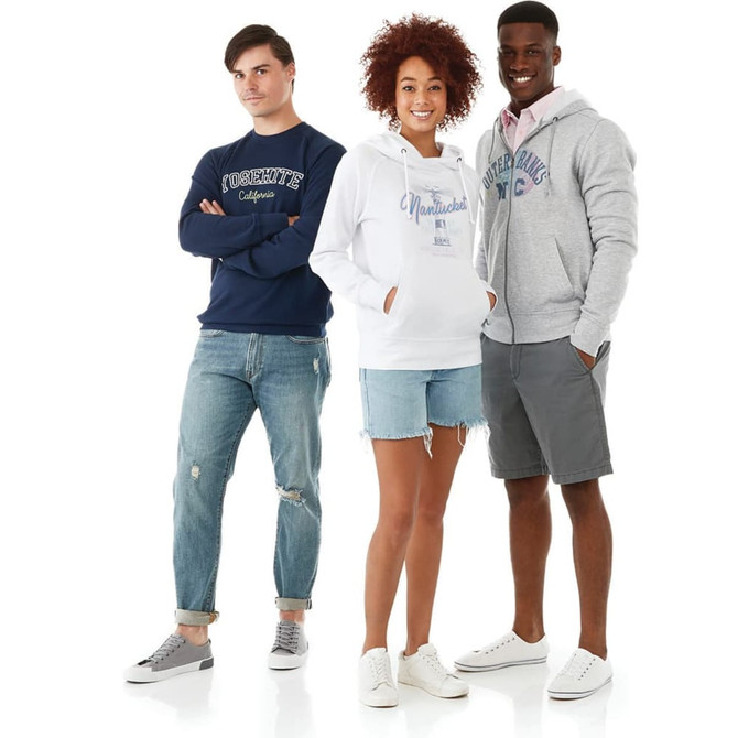 A group of three models wears hoodies in navy, white, and grey, standing against a light background.