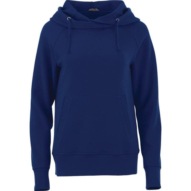 A navy fleece hoody for women, featuring a front pocket and a hood, with a branding logo.