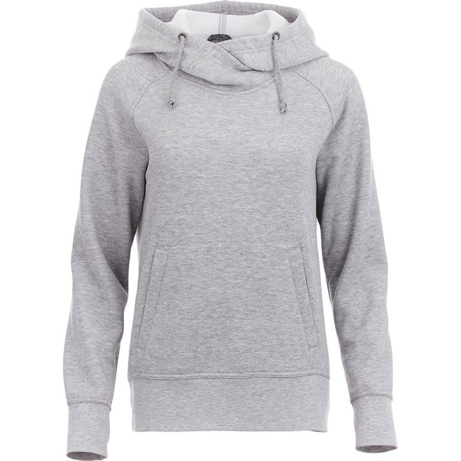 A women's grey fleece hoody featuring a drawstring hood and front pocket, with a subtle logo.