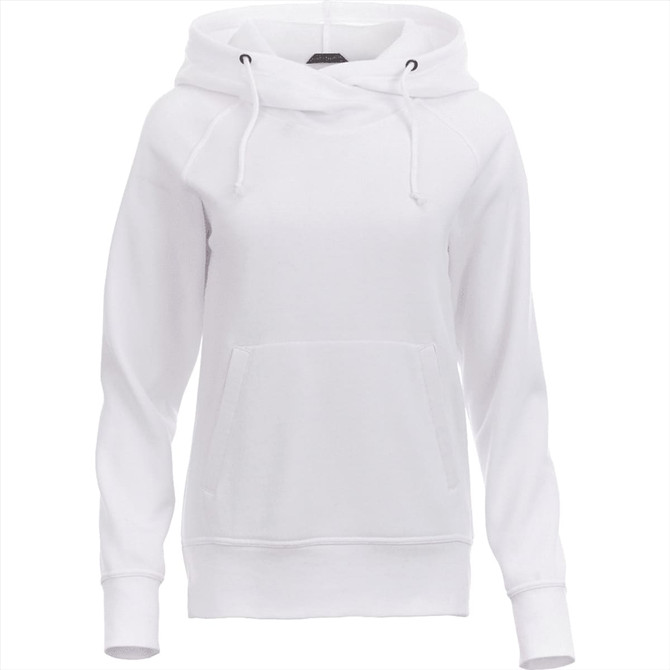 A white women's hoodie with a front pocket, drawstrings, and a hood, featuring a branded logo.