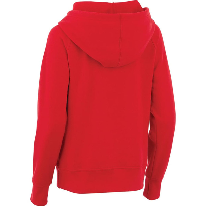 A red women's fleece hoodie featuring a hood and long sleeves, with a logo on the back.