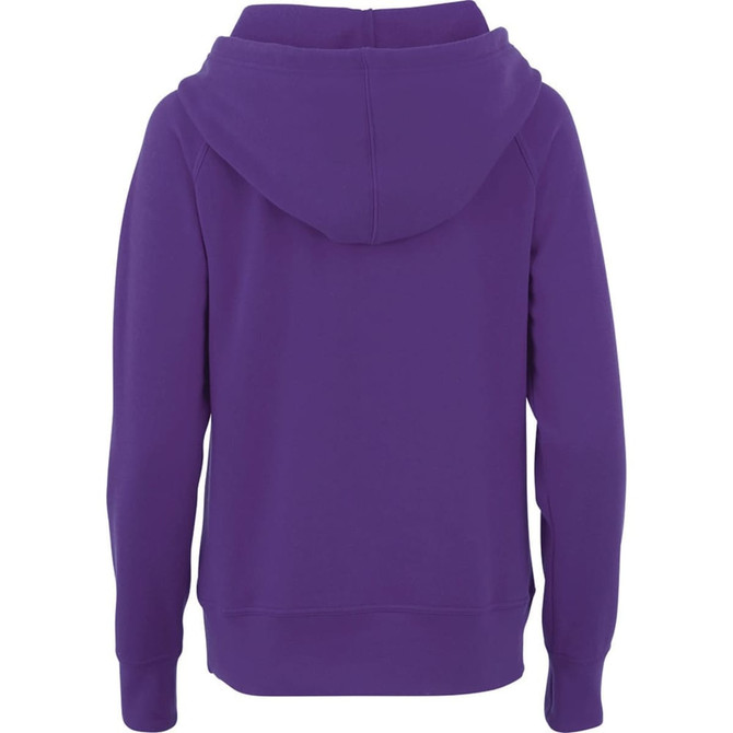 A women's purple fleece hoodie with a hood and ribbed cuffs. Features a logo on the back.