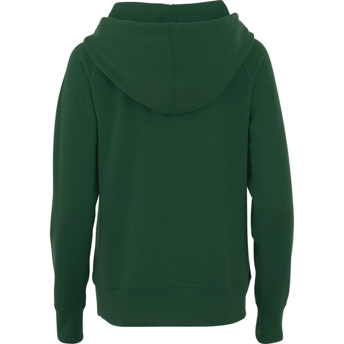 A women's fleece hoodie in a dark green colour, featuring a hood and long sleeves. It has a logo on the back.
