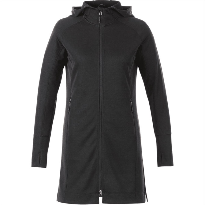 A women's black zip-up hoody with a hood and two side zip pockets, featuring a branding logo.