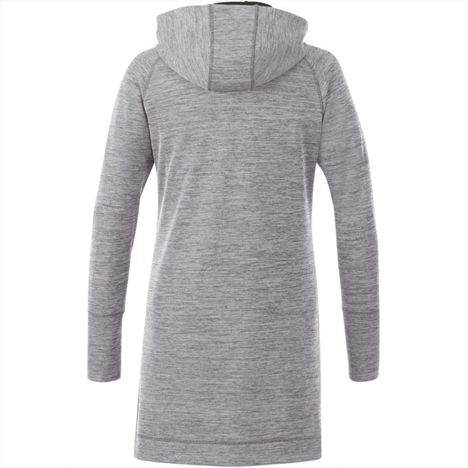 A grey women's hoodie featuring a long design and a hood, with a branding logo on the back.