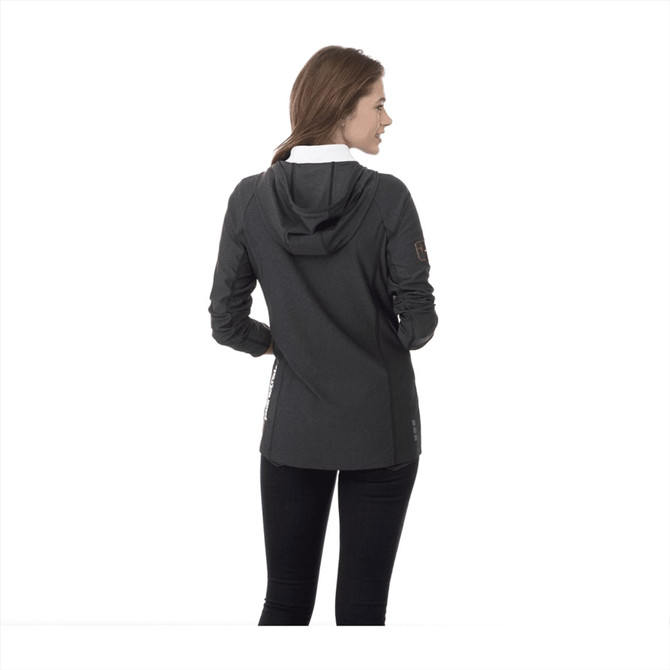 A women's jacket in dark grey with a hood, featuring a logo on the sleeve.