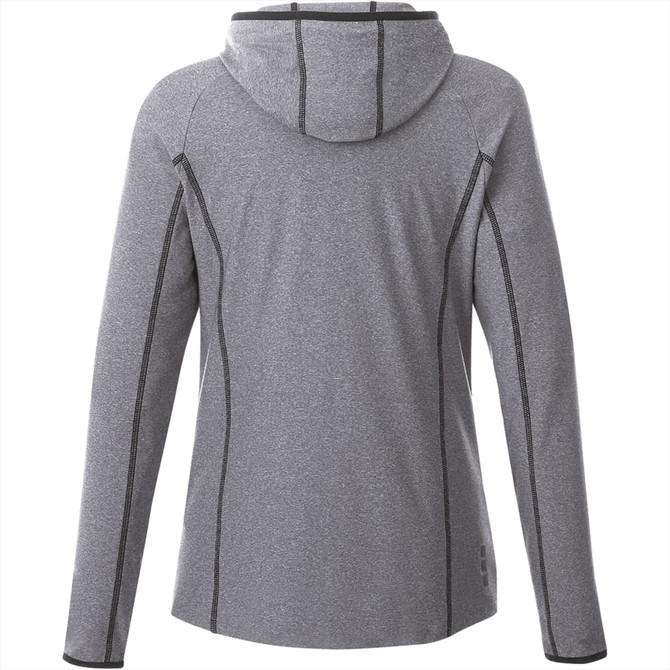 A women's Kaiser Knit jacket in grey, featuring a hood and contrasting seams. The back view is displayed.