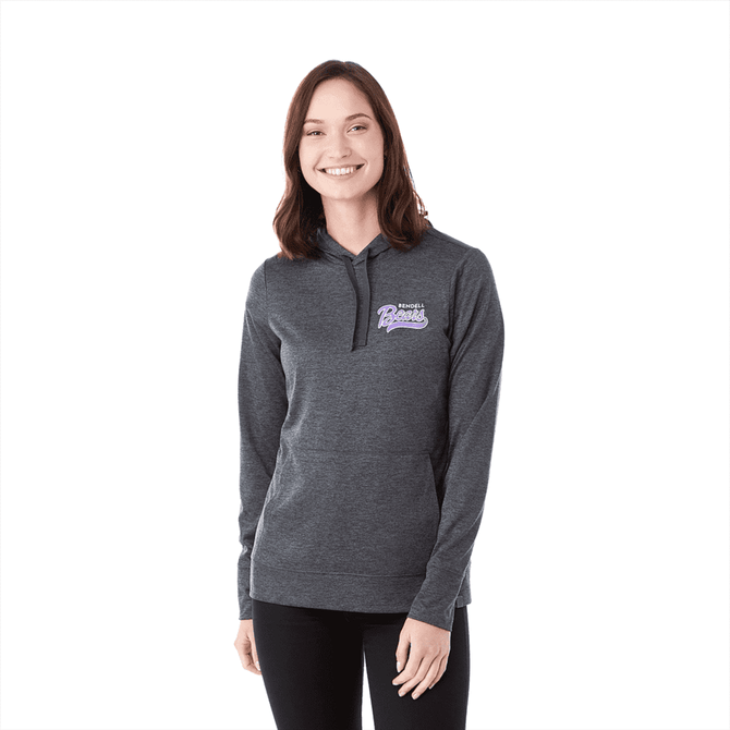 A women's dark grey eco knit hoody with a front pocket and a logo on the chest.