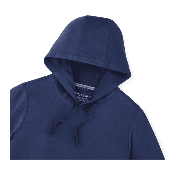 A navy blue women's hoody with a drawstring hood and branding on the label.