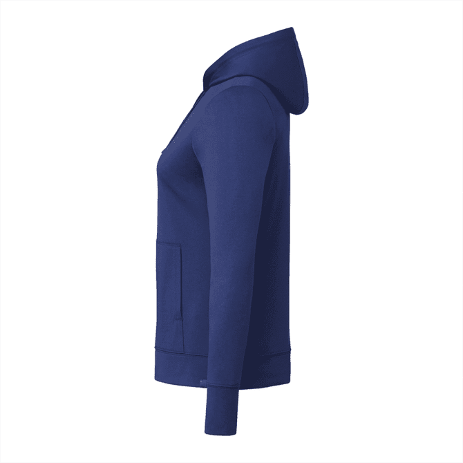 A women's navy blue eco knit hoody featuring a side view and a front pocket. It includes a hood and has a logo.