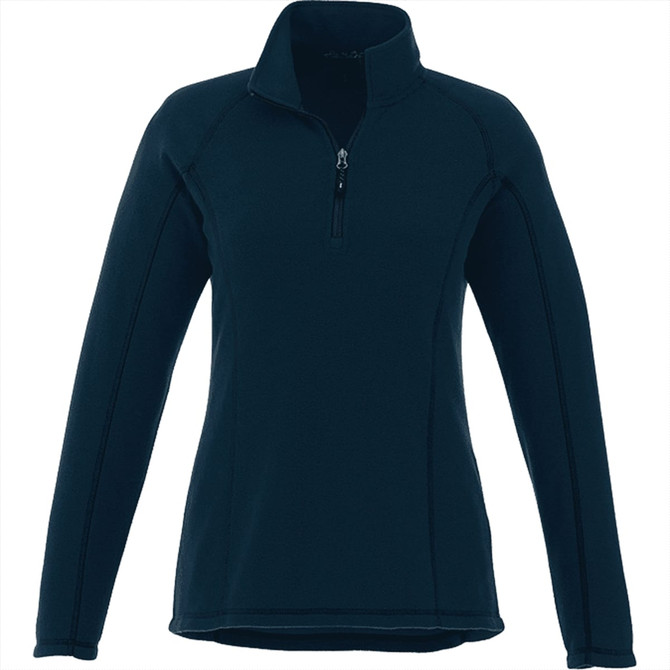A women's half zip polar fleece jacket in navy blue with a fitted design and a branding logo.