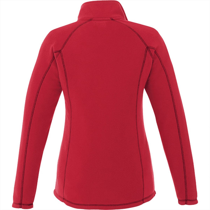 A red women's polar fleece jacket featuring a half zip design and visible stitching details. It has a logo on the back.