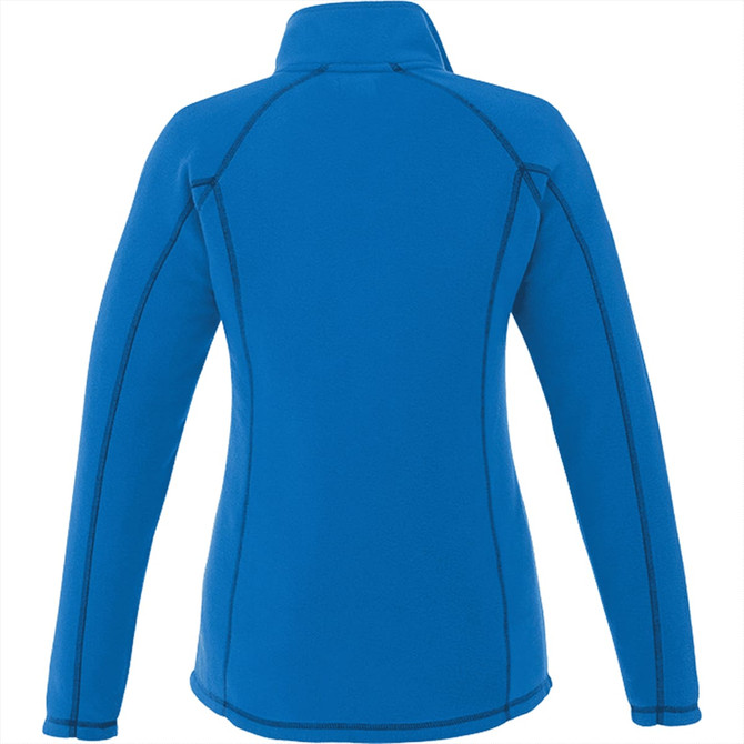 A blue women's half zip polar fleece jacket featuring a logo, with a fitted design and contrasting stitching.