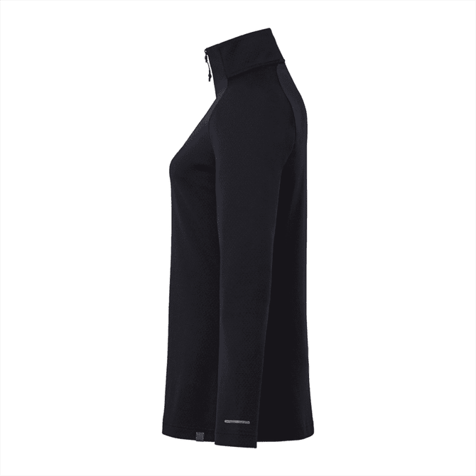 A women's quarter zip jacket in black, featuring a high collar and a logo on the sleeve.