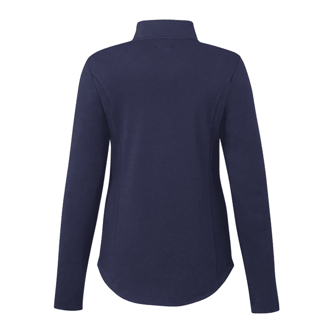 A navy women's quarter zip jacket with long sleeves and a high collar, featuring a logo.
