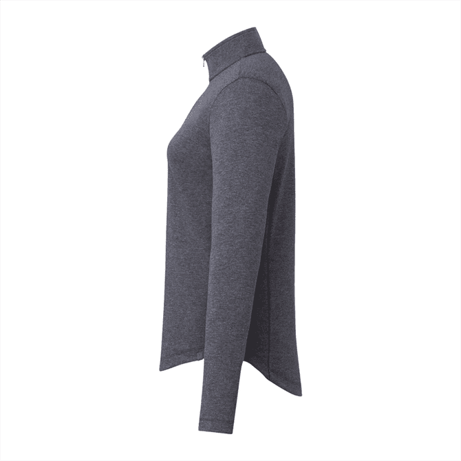 A women's quarter zip jacket in a dark grey shade, featuring a collar and long sleeves. It has a brand logo.