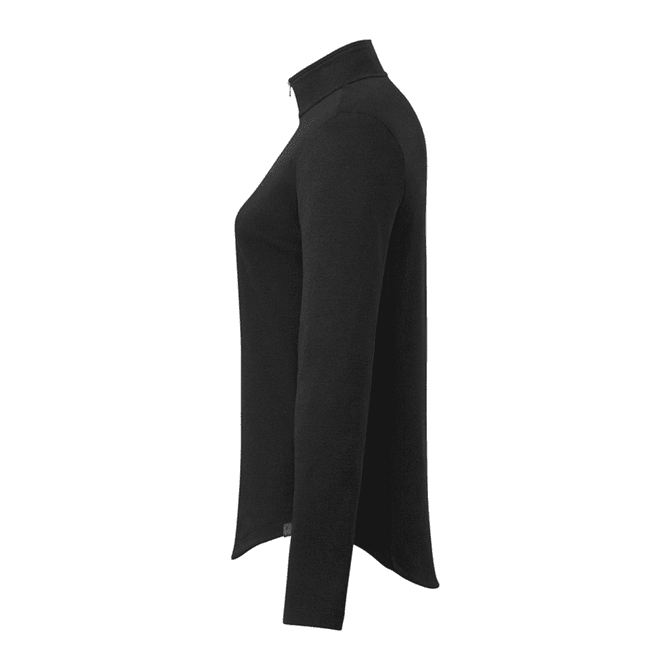 A black women's quarter zip jacket with a fitted design and a collar. It features a logo on the side.